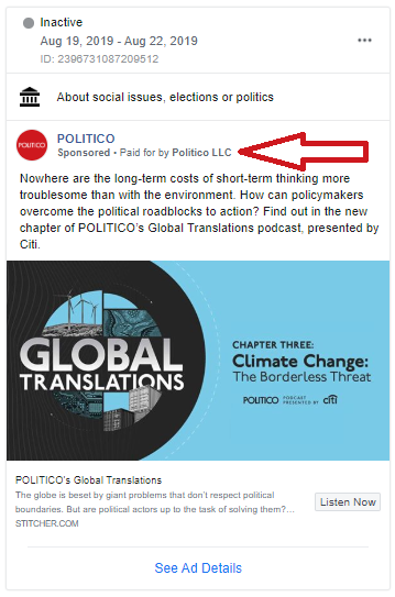 A screenshot of a Politico ad that highlights where the ad is required to have a disclaimer saying: "Paid for by Politico LLC"