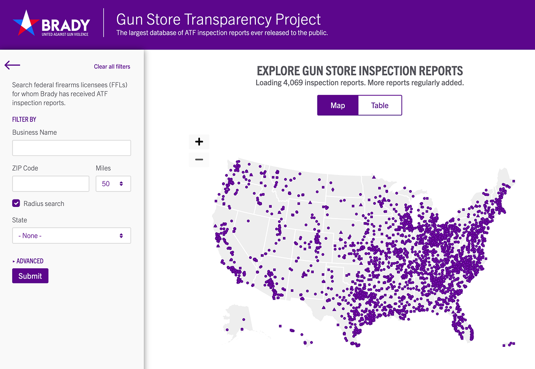 Screenshot of Brady Campaign's Gun Store Transparency Project map