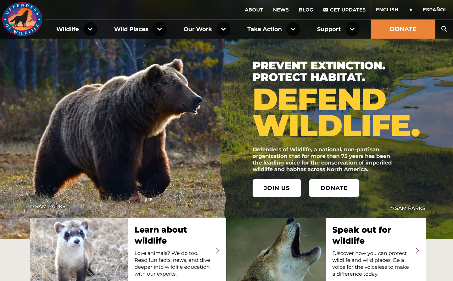 Defenders of Wildlife Homepage Hero screenshot