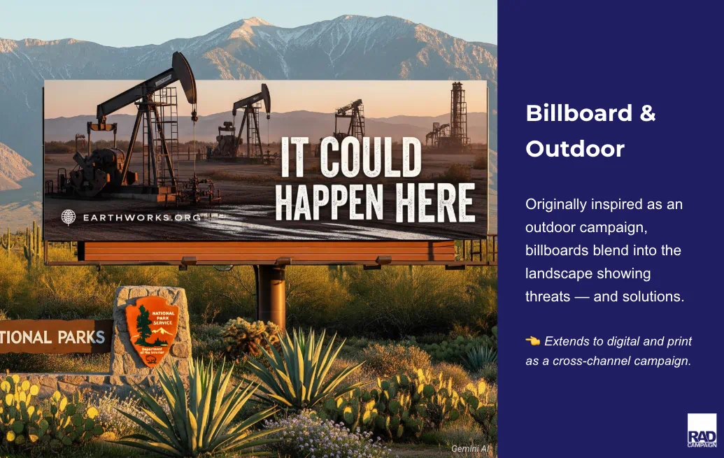 A slide from a slide deck featuring a photo of an Earthworks billboard against a vegetated desert landscape. The billboard shows oil wells with the caption "It could happen here". Text next to the photo reads "Billboard & Outdoor. Original inspired as an outdoor campaign, billboards blend into the landscape showing threats - and solutions. Extends to digital and print as a cross-channel campaign.