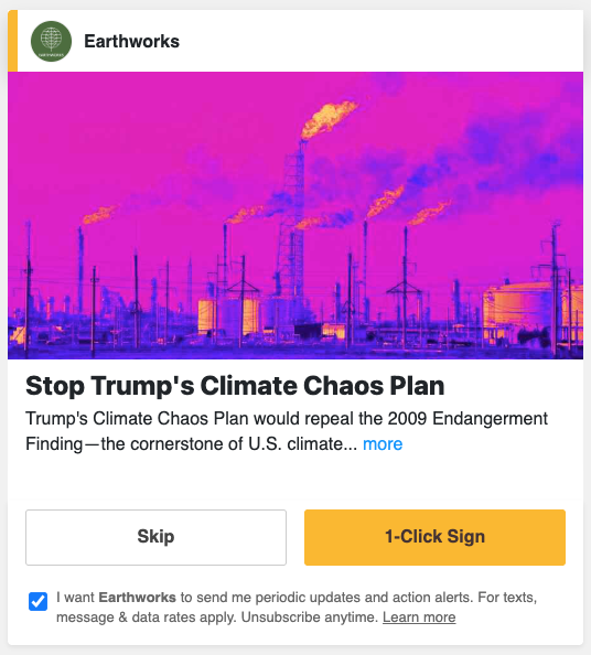 An Earthworks petition call to action titled "Stop Trump's Climate Chaos Plan"