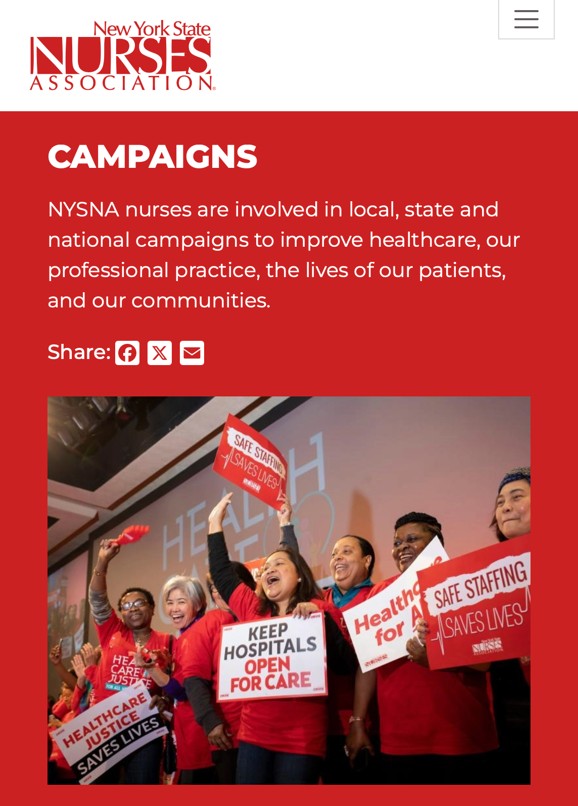A screenshot of the NYSNA Campaigns webpage.