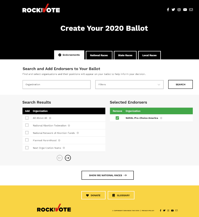 A screenshot of the Rock the Vote ballot creation tool