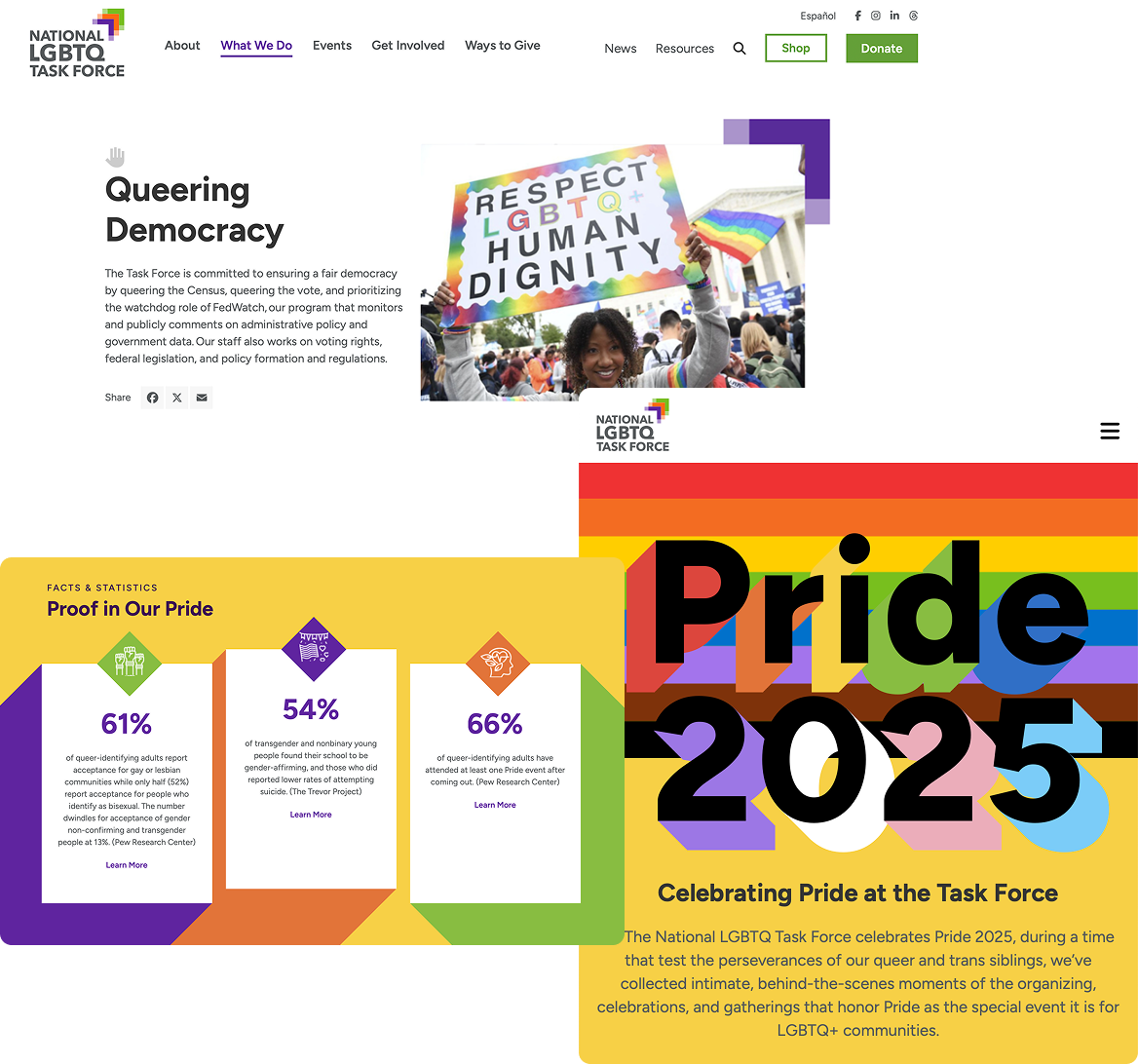 Screenshots of The Task Force's Queering Democracy and Pride 2025 web pages.