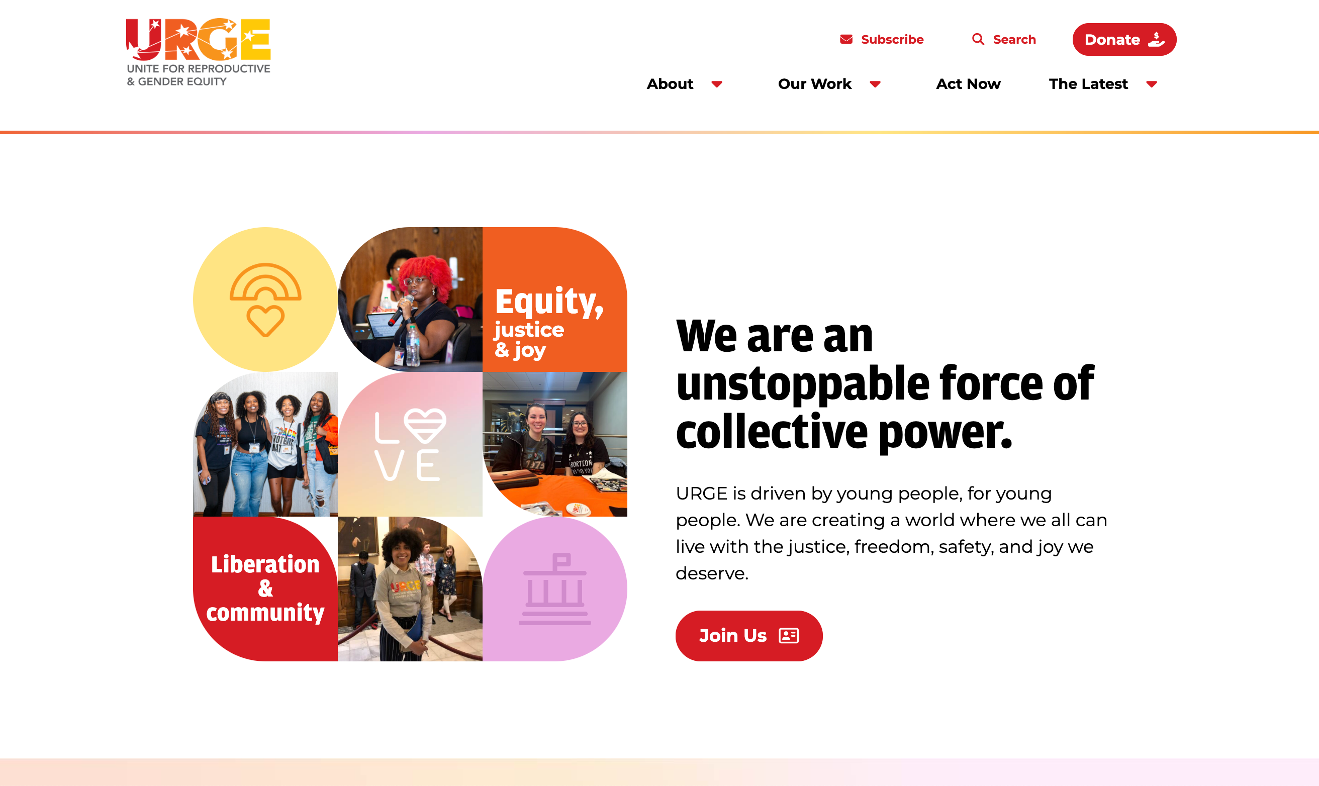 A screenshot of URGE's desktop homepage.