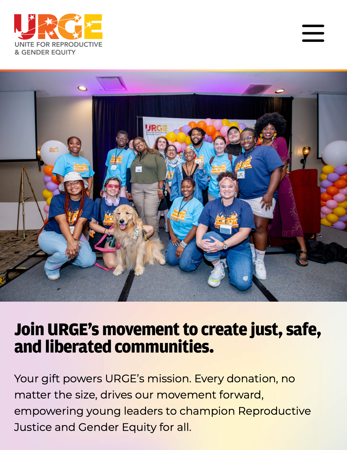 A screenshot of URGE's mobile homepage