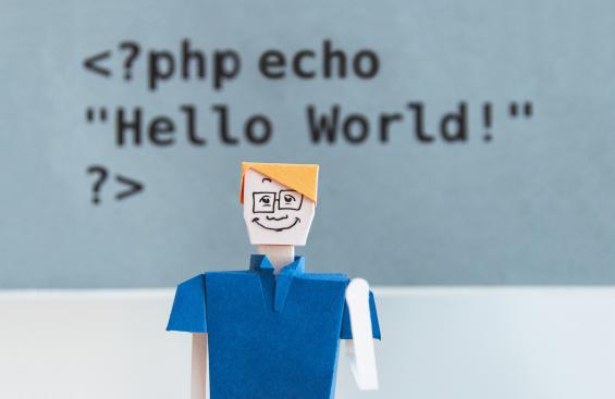White man paperdoll ith code overhead that says "Hello World!"